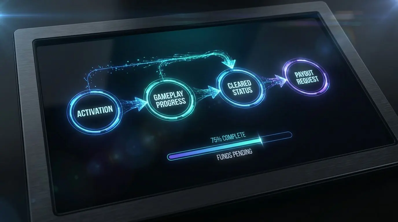 Stages of clearing bonus balance Progress bar showing steps from bonus activation to withdrawal