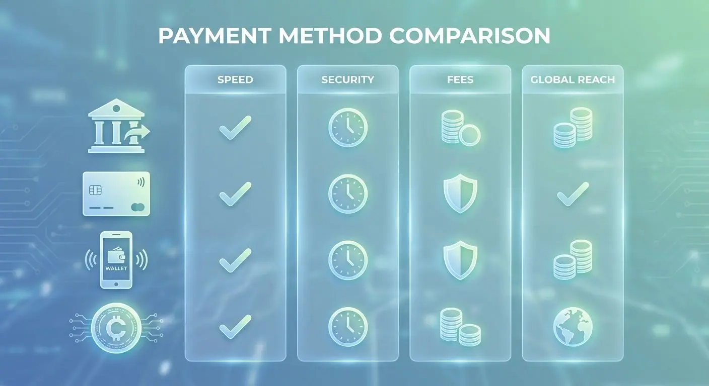 Comparison of bank transfer, card, e-wallet and crypto methods