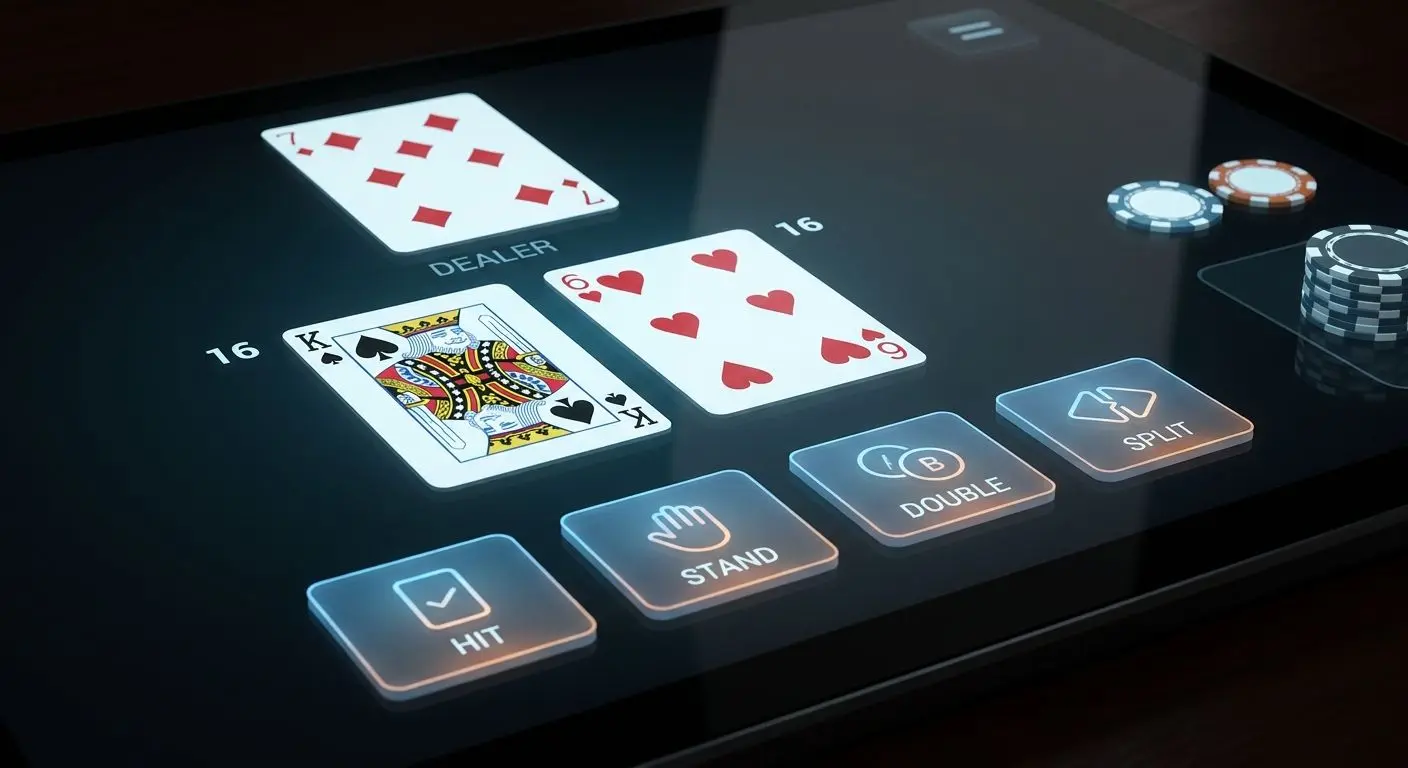 Online blackjack decision screen with highlighted action buttons