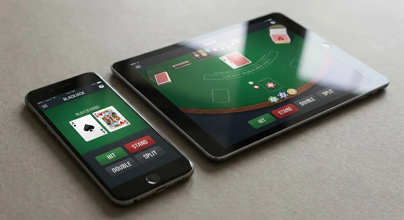 Mobile device showing an online blackjack game interface