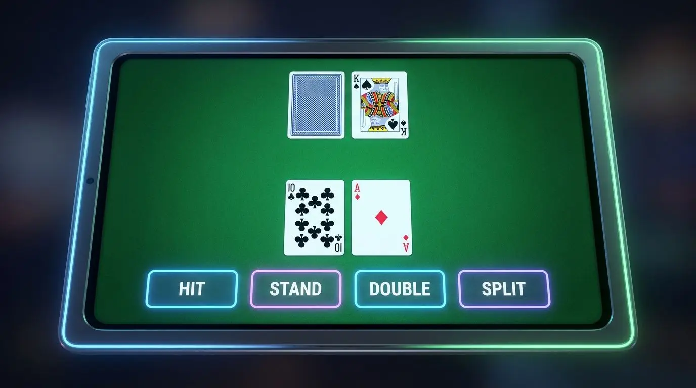 Virtual blackjack table interface with player cards and action buttons