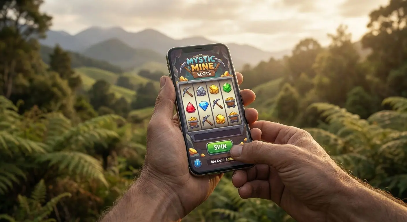 SpinBet Bonanza mobile play in New Zealand Mobile play view of a mine-themed pokie on a smartphone