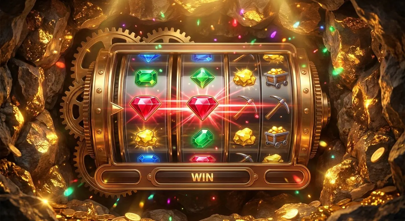 SpinBet Bonanza style reels and symbols Slot reels with bright gem symbols in a gold mine themed pokie scene