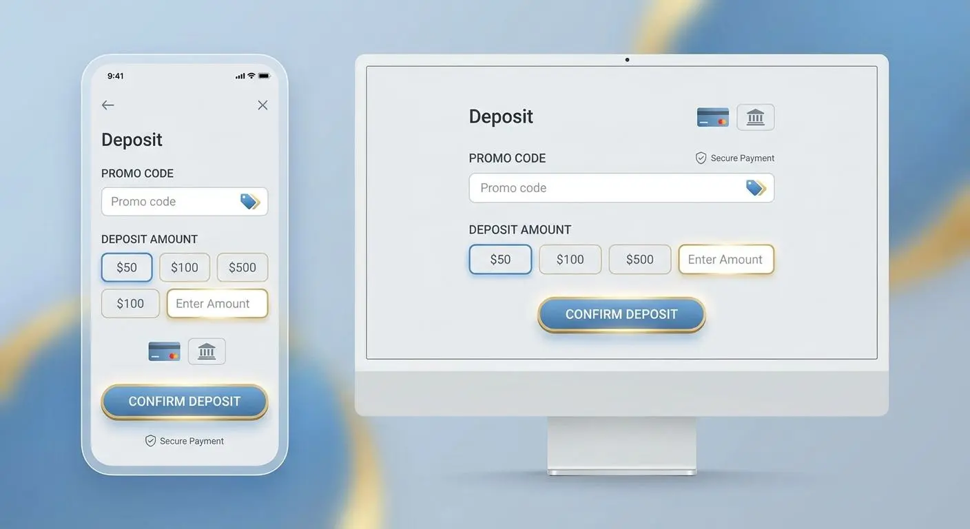 Bonus code activation process illustration Promo code and deposit form interface on mobile and desktop
