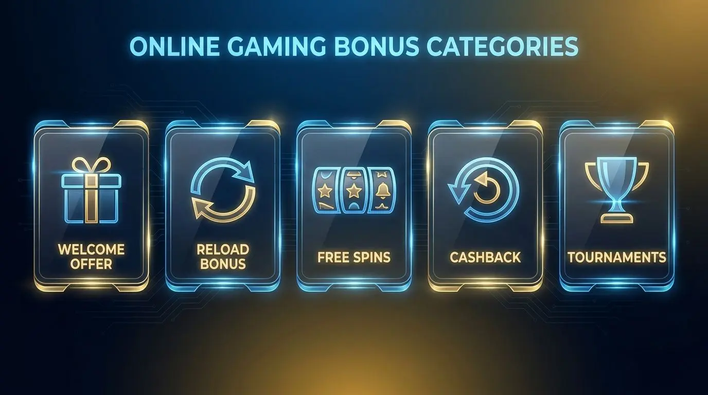 Icons showing welcome, reload, free spins, cashback and tournament bonus types