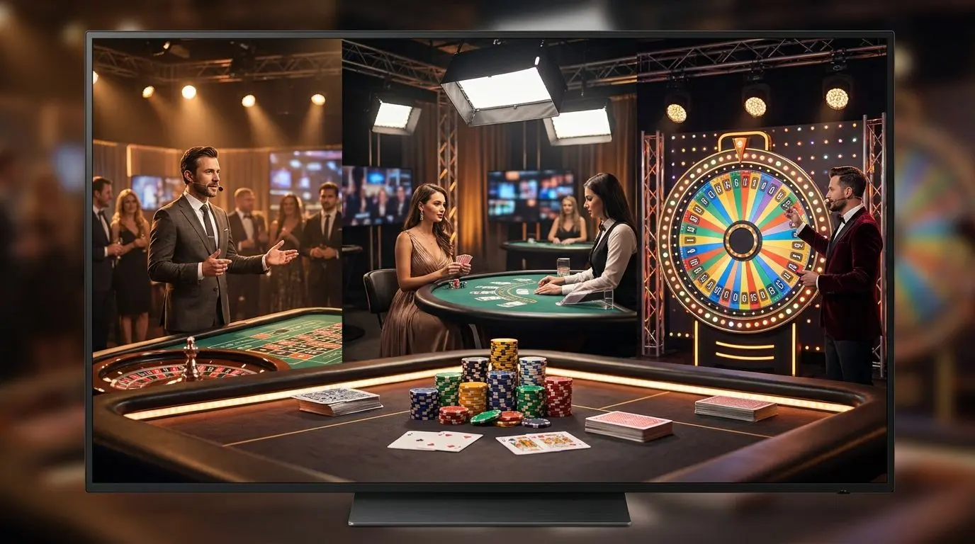 SpinBet Live Game Variety Collage of live roulette, blackjack and game show tables with dealers
