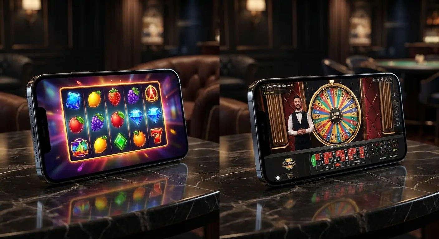 Smartphones showing mobile slots and live wheel games