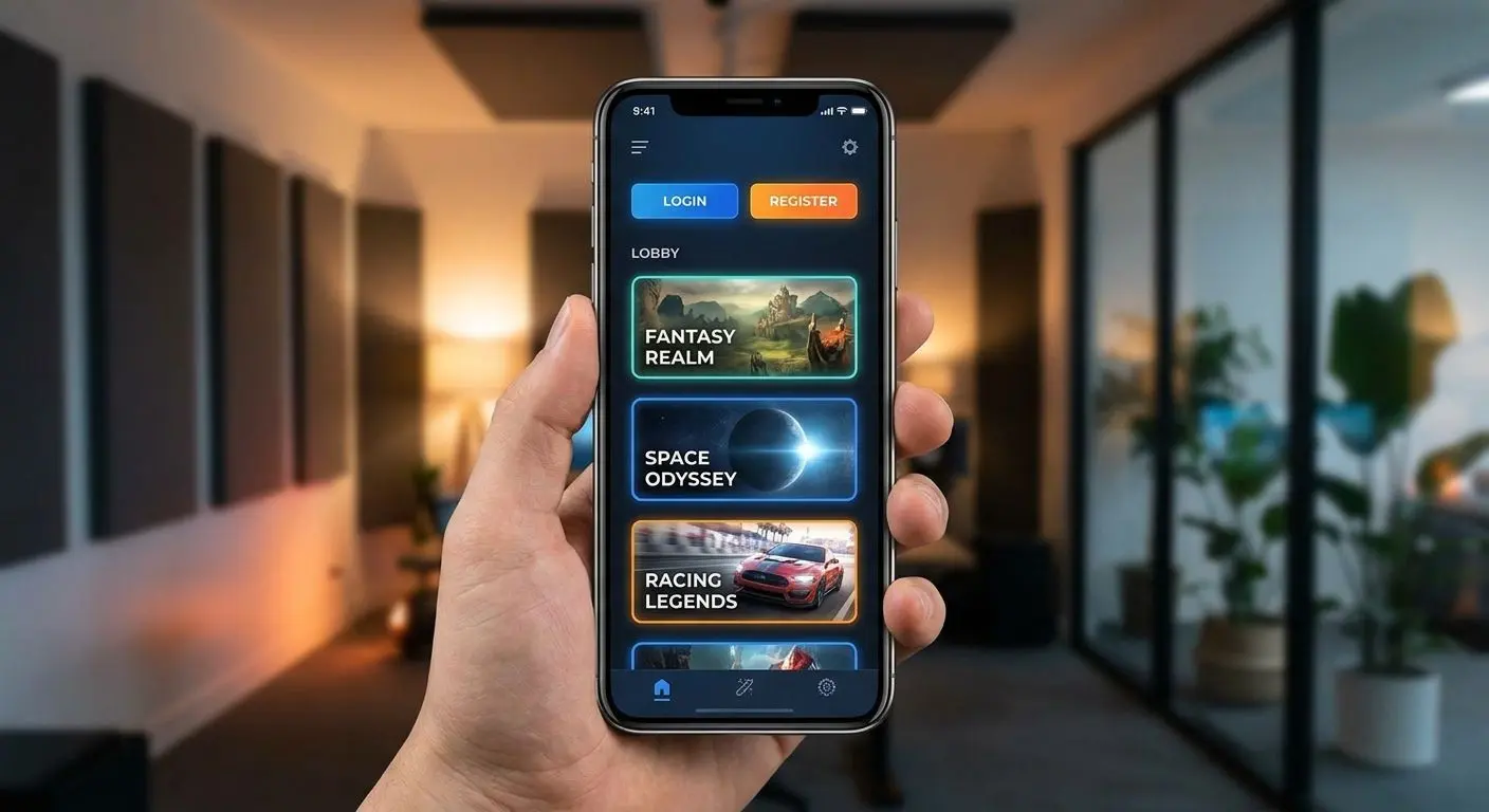 Mobile gaming lobby interface on smartphone screen
