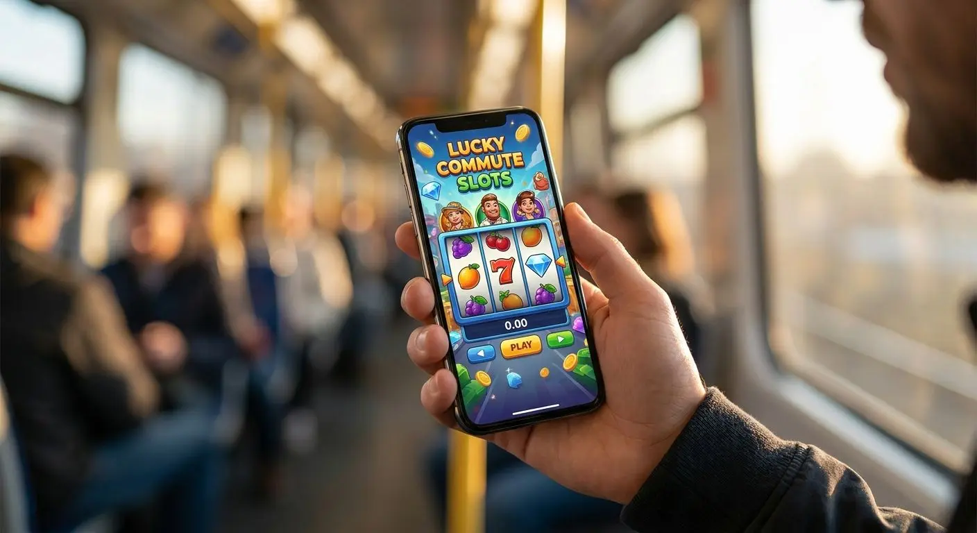 Smartphone showing a mobile pokie game interface on the go