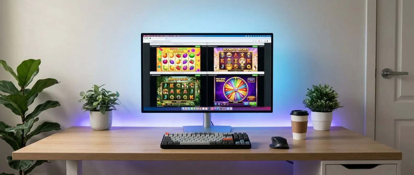 Laptop showing a variety of online pokie themes and layouts