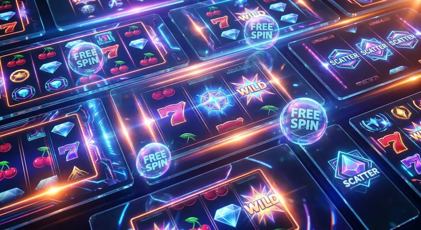 Bright slot screens with bonus symbols and feature effects