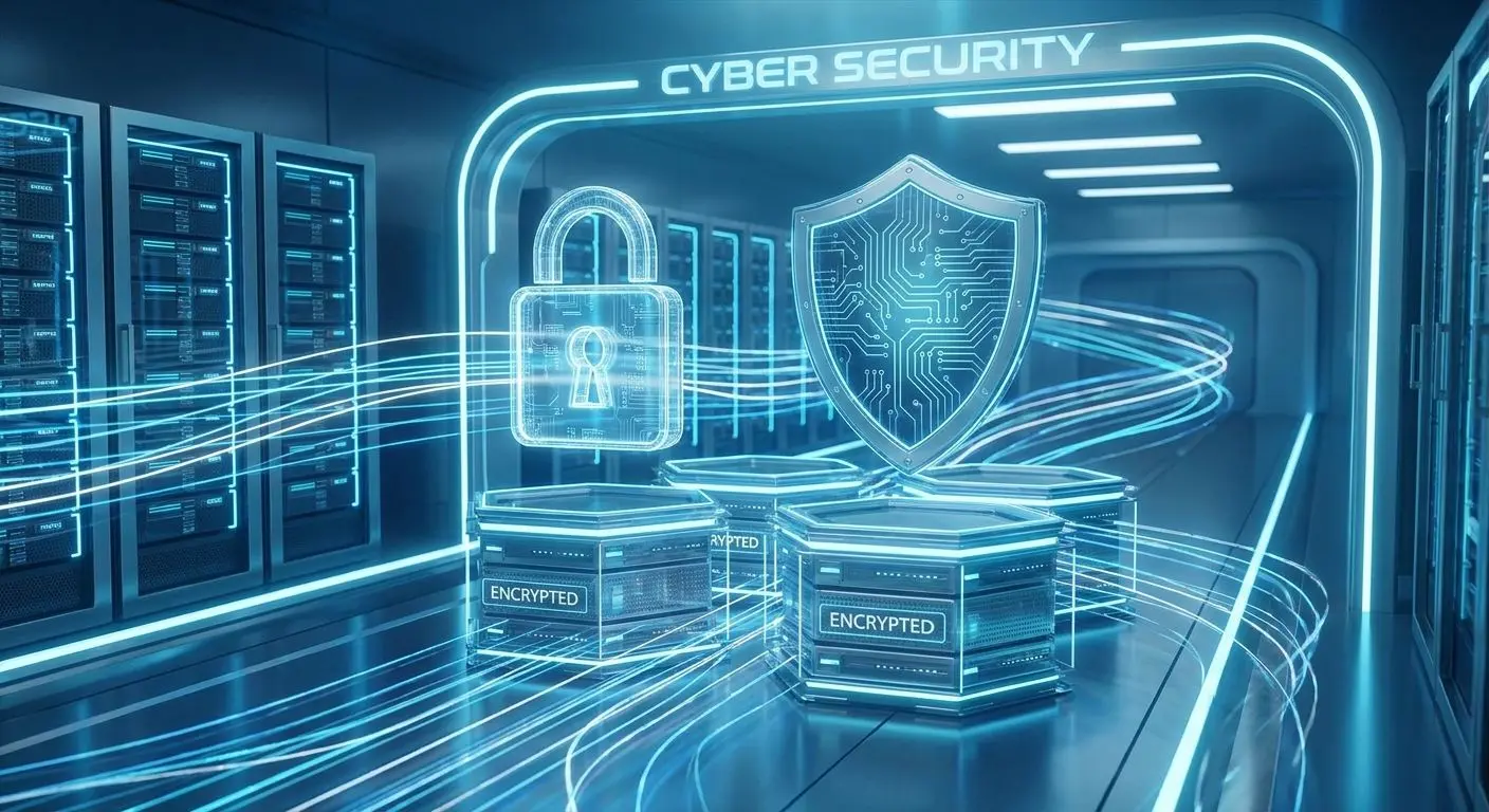 Secure Data Storage and Retention Secure encrypted data storage with digital shield and server background
