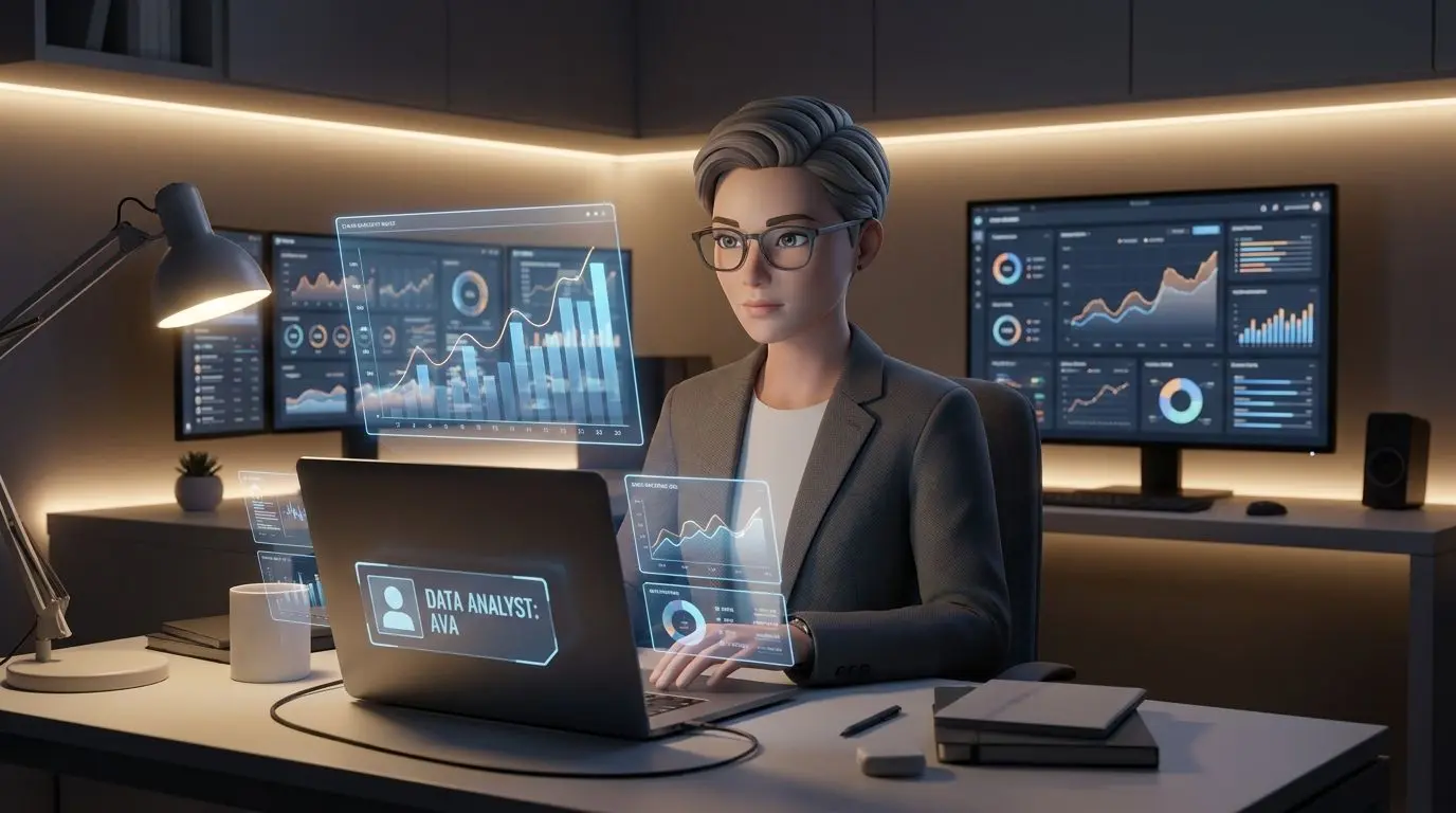 Fictional author avatar in online analytics workspace