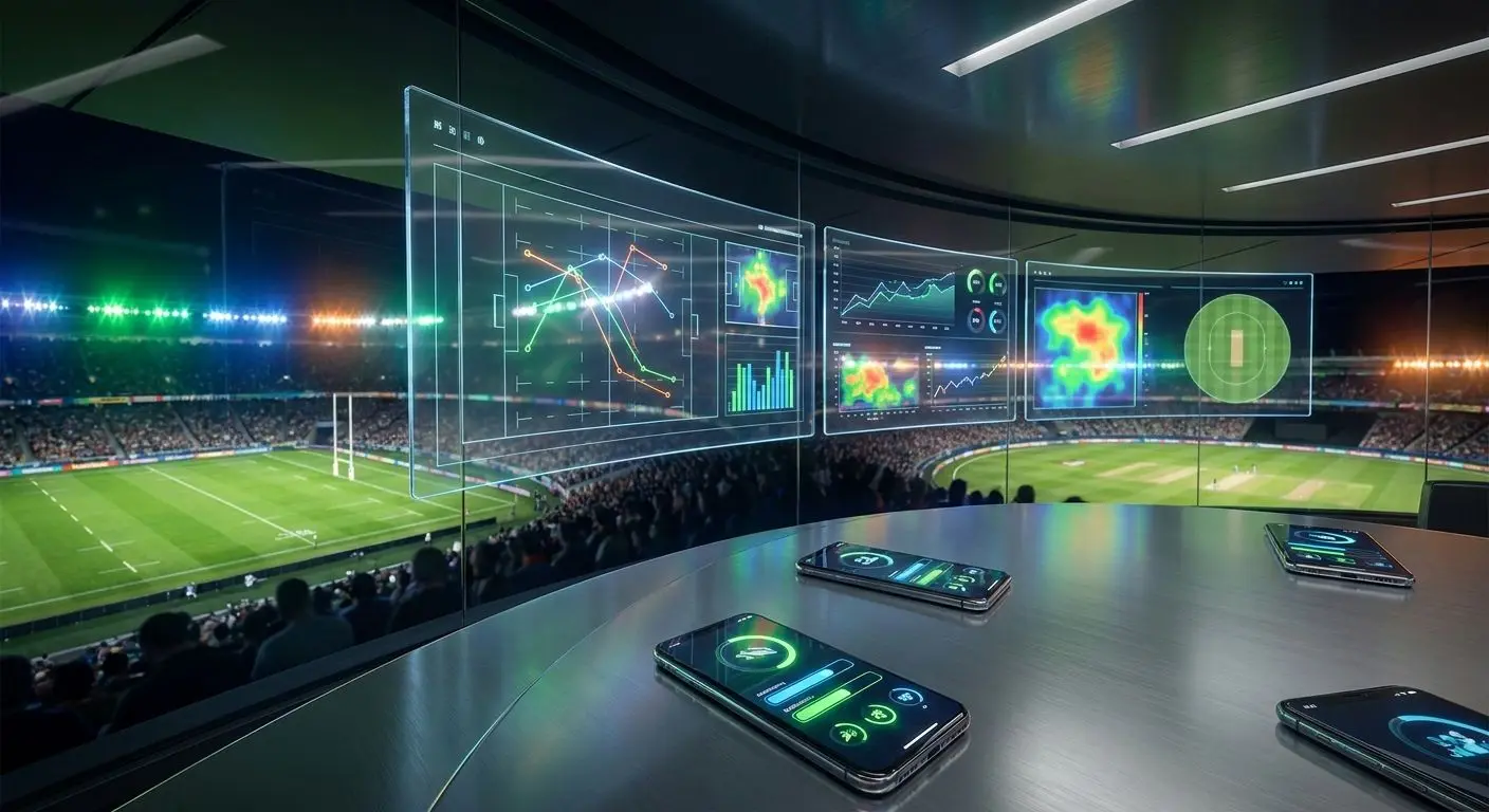 Sports promo themed image with rugby cricket and live match analytics