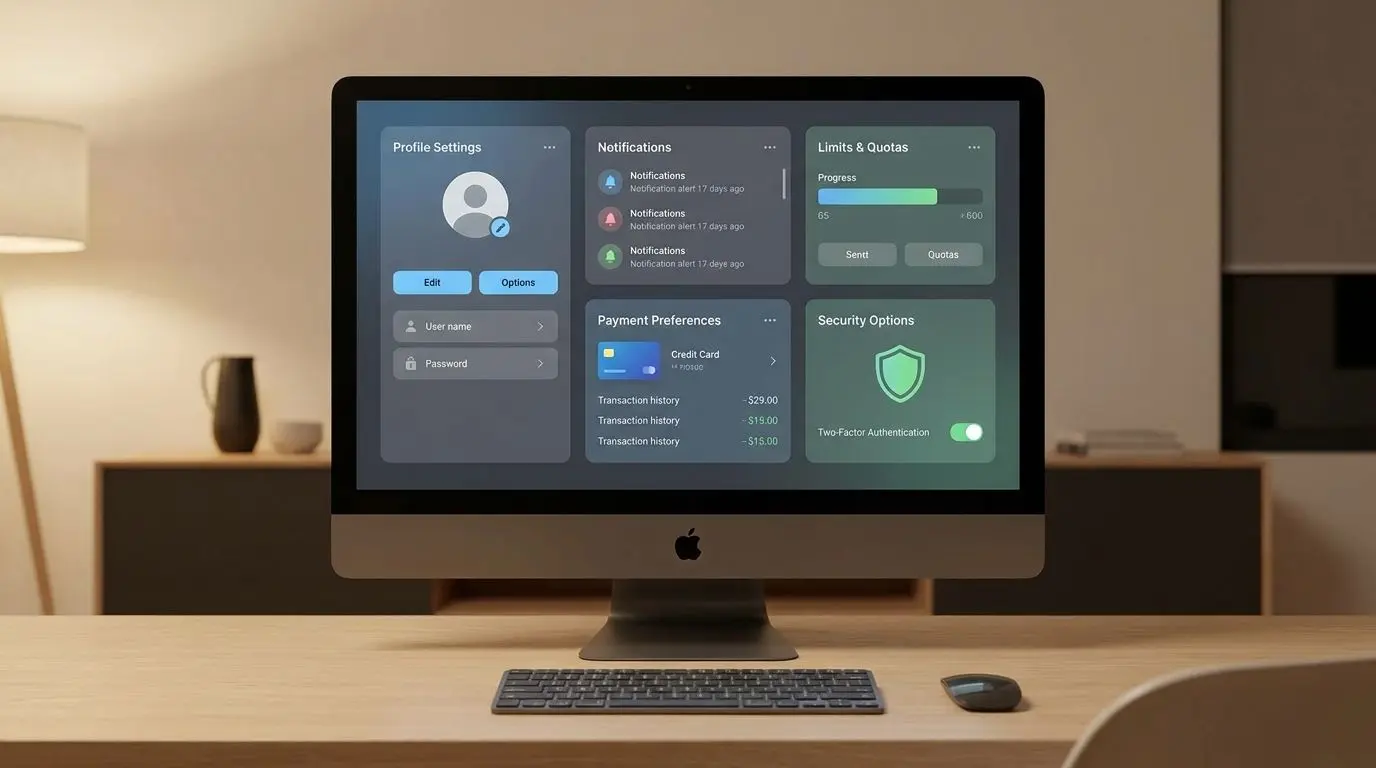 Account dashboard with profile settings, limits and notifications