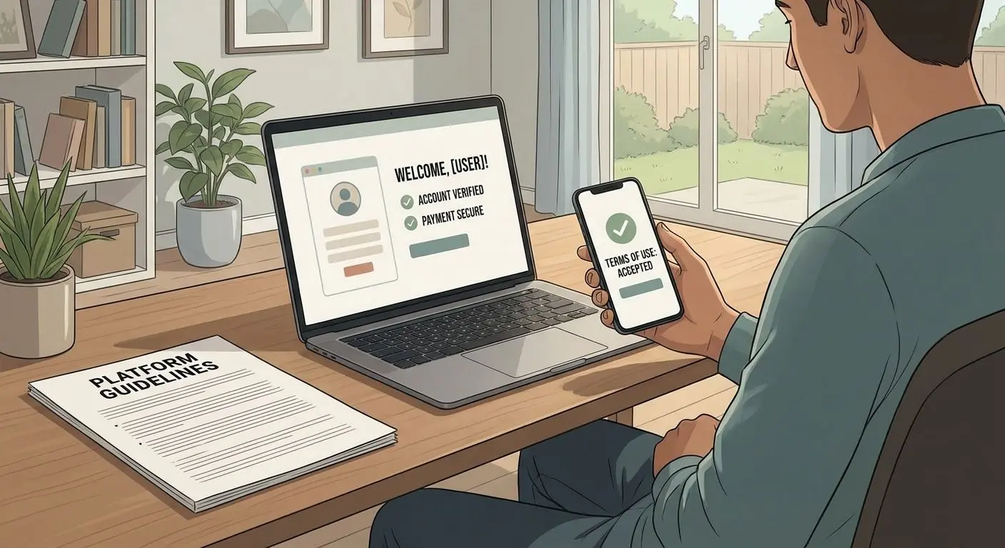 Safe first steps on a new site User safely reviewing registration and payment terms on a new online platform