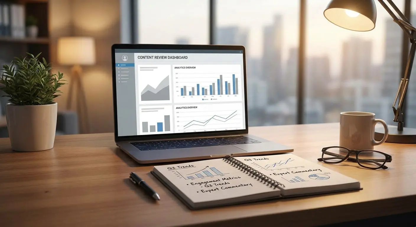 Editorial review workspace for slot platform analysis Expert review workspace with laptop and analysis notes