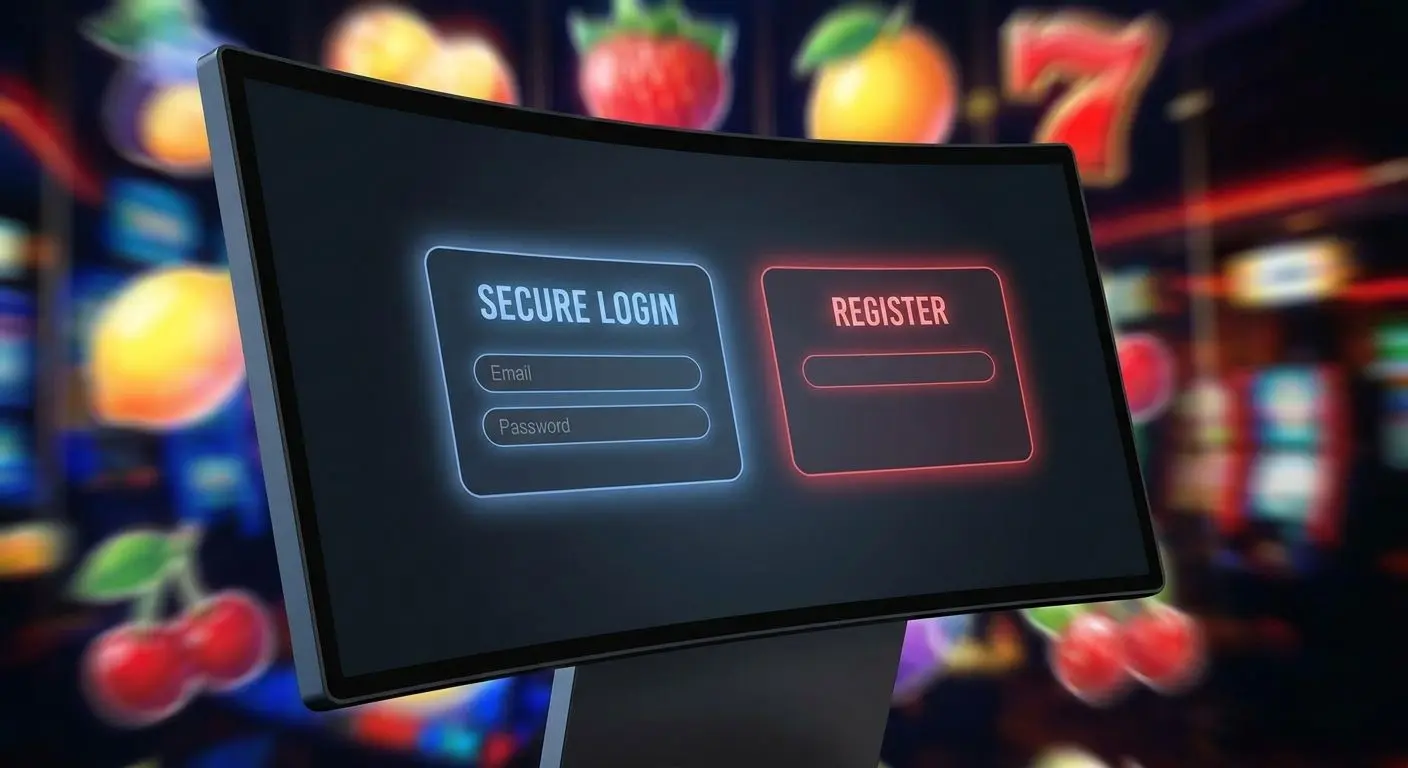 Spinbet-style login and registration access Secure login and registration screen with slot-themed background