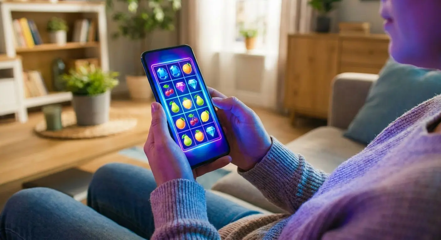 Mobile slot-style play on smartphone Mobile device showing a grid of slot-style games