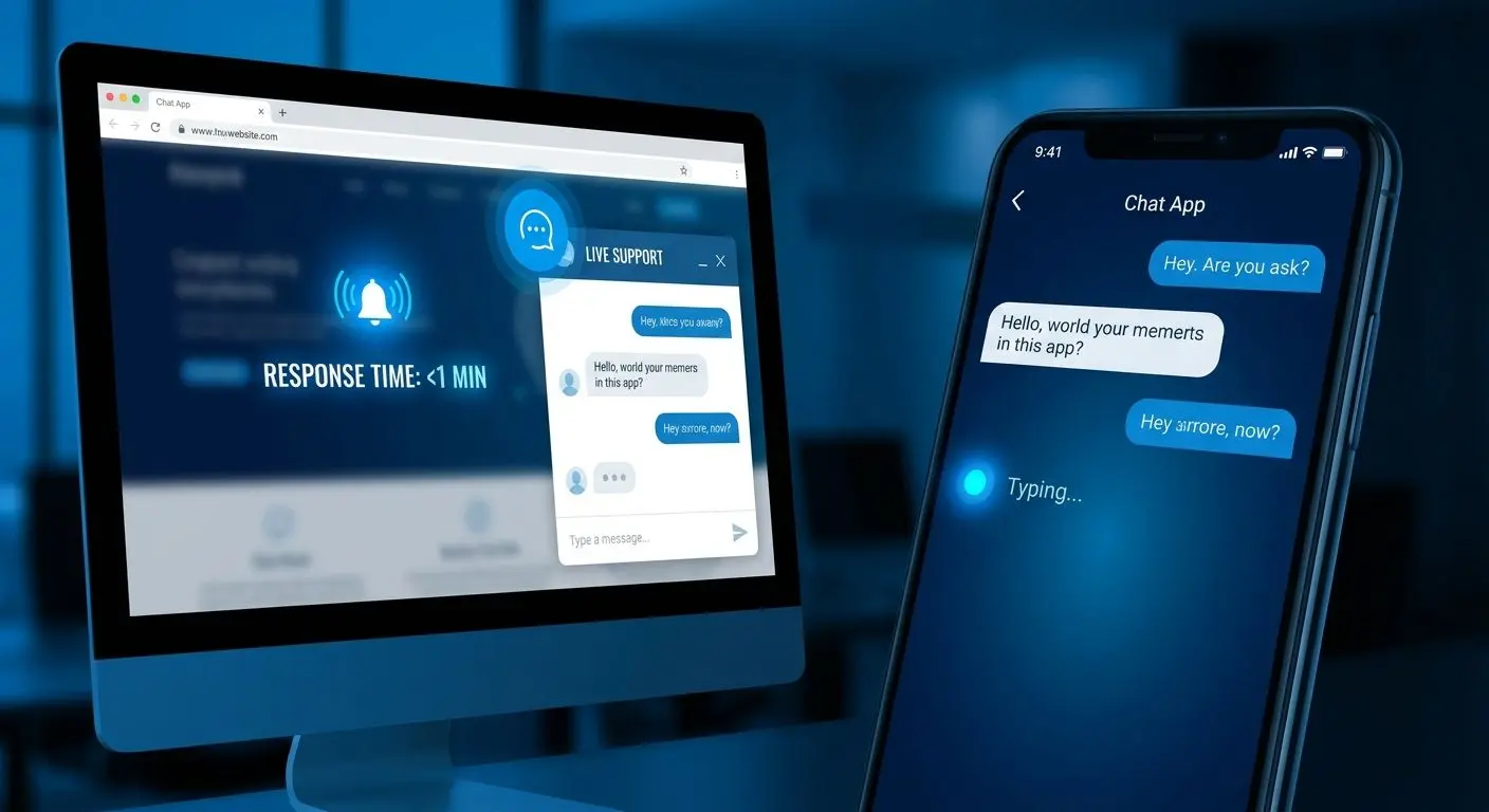 Live chat screen on desktop and mobile showing fast support access