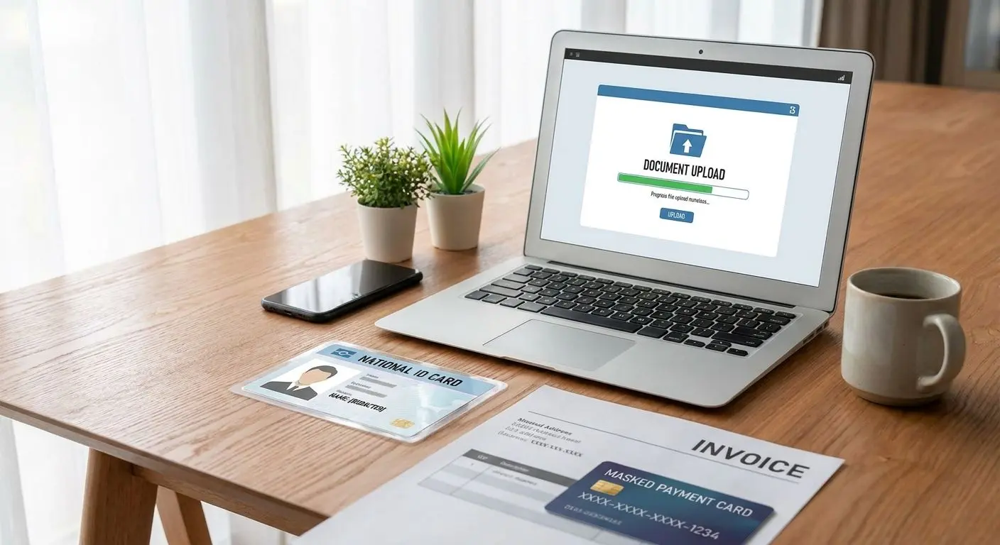 Documents commonly used for verification Documents and laptop prepared for secure account verification upload