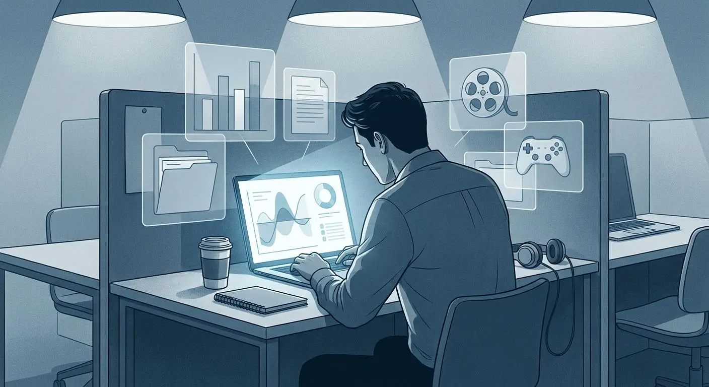 Abstract analyst at laptop reviewing bonus and balance information
